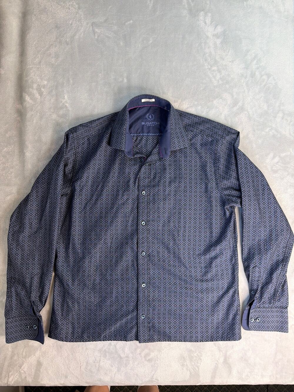 Bugatchi Uomo Shaped Fit Shirt Large L Blue Geometric Medallion Long Sleeve